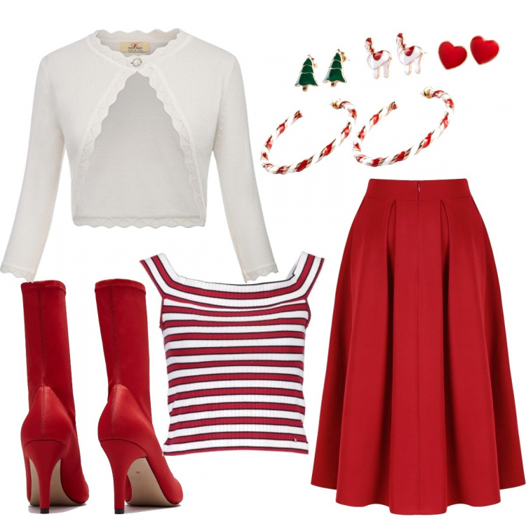 Outfit donna - Modalità candycane. Stile Trendy per Tutti i giorni. Abbinamento con costumi interi, gonne longuette, stivali, top, cardigan.