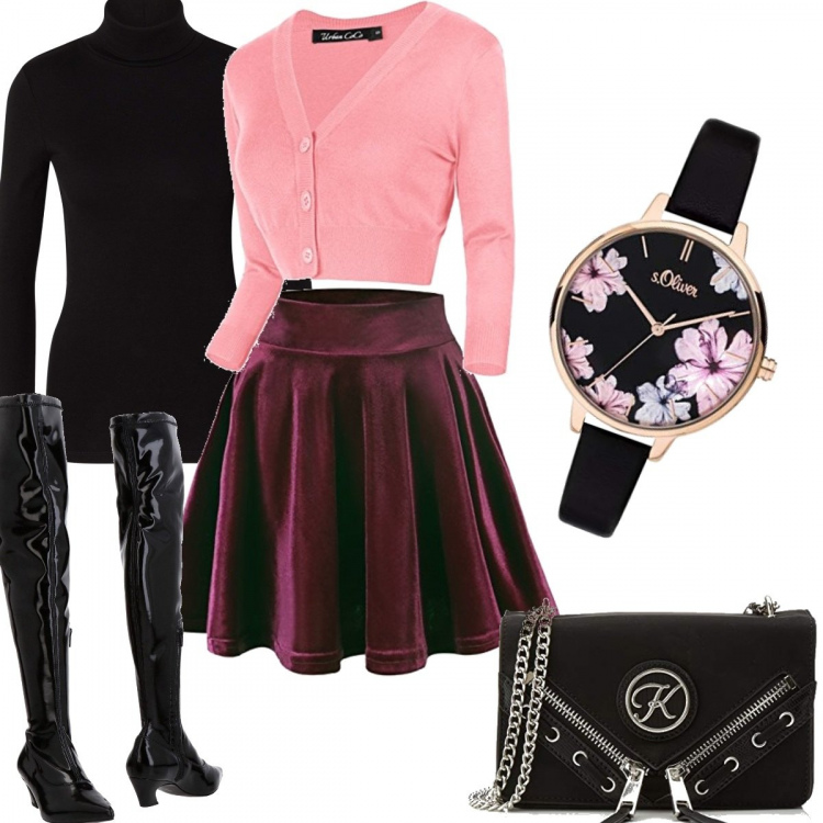 Outfit donna - W le gonne. Stile Trendy per Tutti i giorni. Abbinamento con stivali fantasia effetto vernice con cinturino a punta in pelle sintetica, gonne, bolero, t-shirt a maniche lunghe in denim nero, orologio analogico, borsa a tracolla nero.