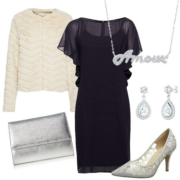 Outfit donna - Una serata speciale a Parigi. Stile Chic per Serata fuori. Abbinamento con vestito elegante navy, ecopelliccia, scarpe col tacco, orecchini, ciondoli, borsa a tracolla con zip e tasca interna argento.