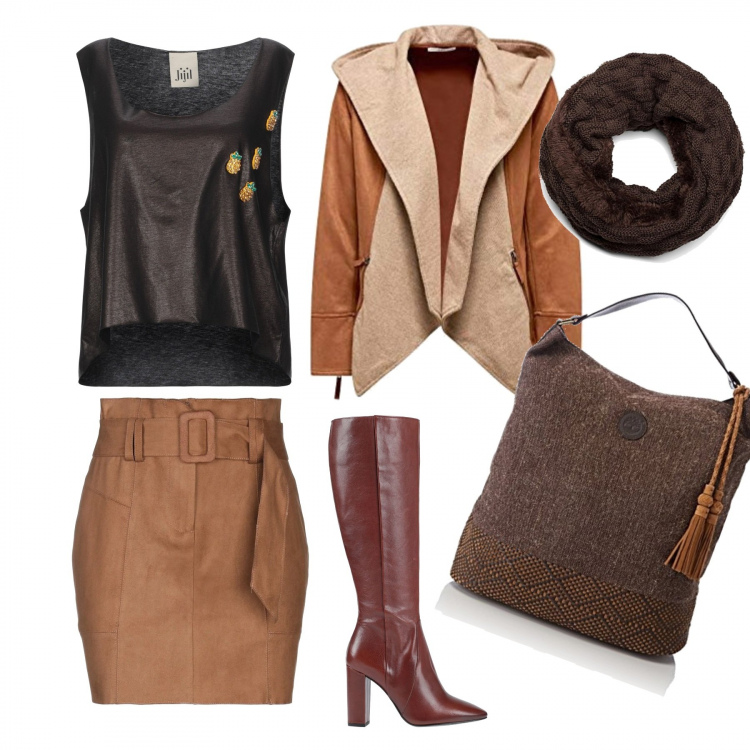 Outfit donna - Rock #4246. Stile Rock per Tutti i giorni. Abbinamento con minigonne, stivali con tacco squadrato e zip a punta tinta unita, top, shopping bag marrone, blazer, sciarpa in in maglia forma intrecciata.