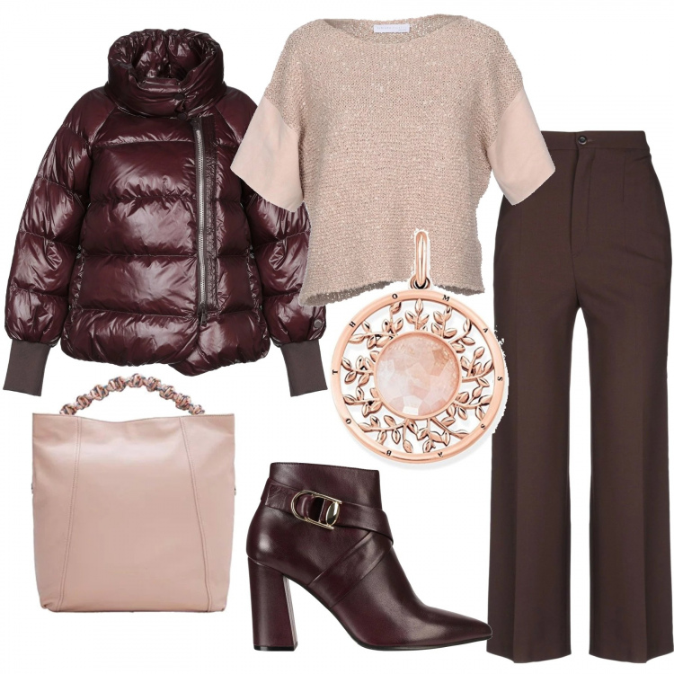 Outfit donna - Ufficio con stile. Stile Bon Ton per Ufficio. Abbinamento con piumino, pantalone a sigaretta effetto acetato vita bassa con zip in seta crêpe, stivaletti, pullovers, borsa, pendente in sterling 925 argento.