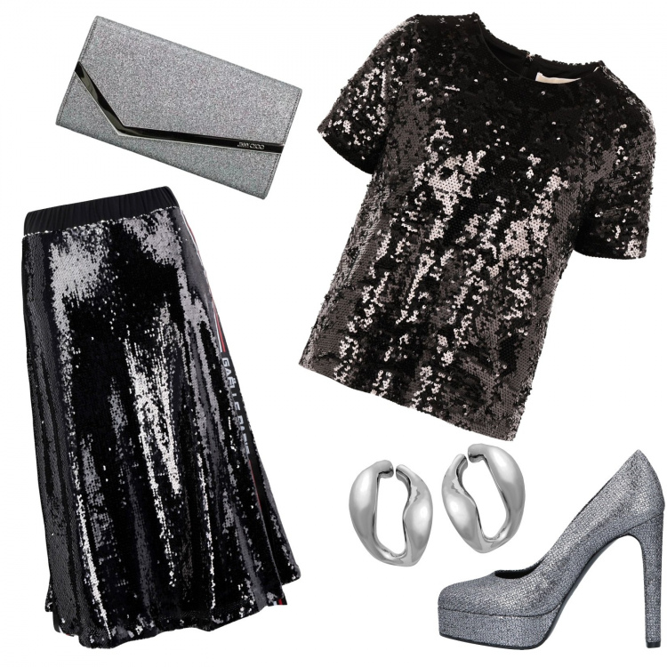 Outfit donna - Scintillante. Stile Trendy per Cerimonia. Abbinamento con gonne longuette, bluse, décolleté, orecchini con farfallina in ottone, pochette.