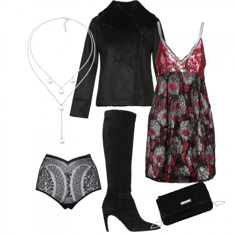 Outfit donna - Stivali hot. Stile Sexy per Serata fuori. Abbinamento con vestiti corti, slip con pizzo jersey, giubbotto, stivali, ciondoli, pochette.