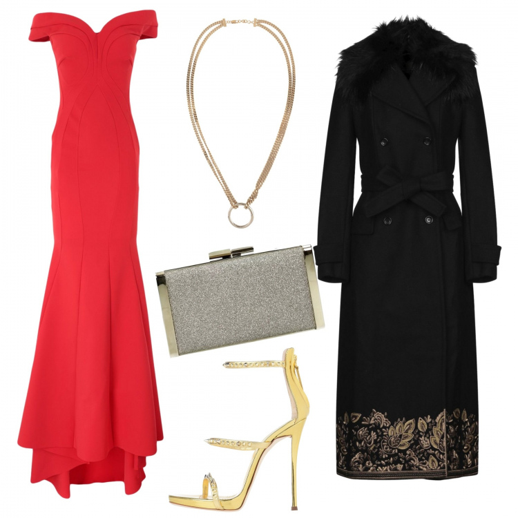 Outfit donna - Chic #21974. Stile Chic per Cerimonia. Abbinamento con vestito lungo a tubino petite scollatura profonda senza maniche interno sfoderato jersey, cappotto, sandali col tacco, collane, pochette.
