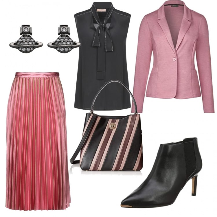 Outfit donna - Uscita con le amiche. Stile Urban per Serata fuori. Abbinamento con gonna longuette con zip interno sfoderato in raso tinta unita, top, orecchini, borsa a spalla, stivaletti, blazer.