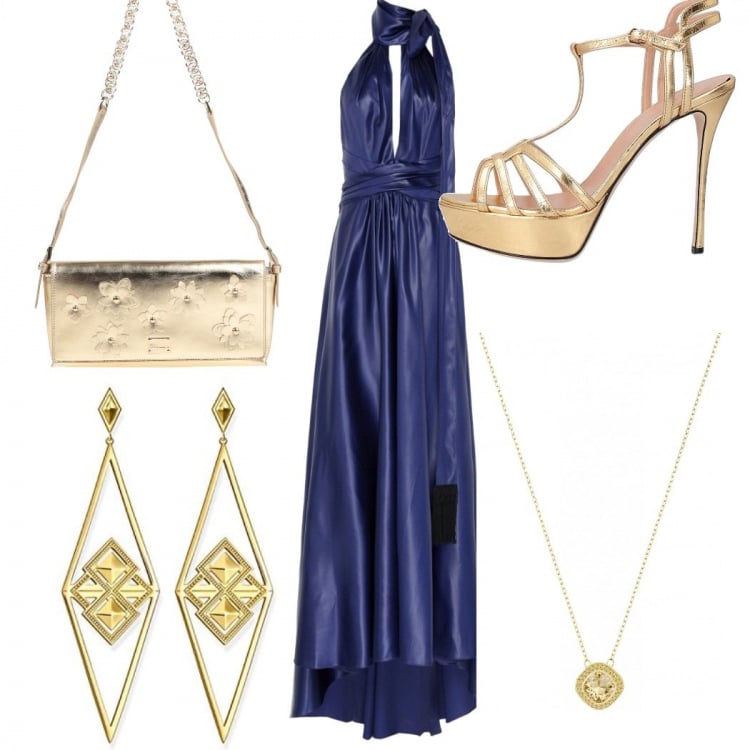 Outfit donna - Viola & Oro. Stile Sexy per Cerimonia. Abbinamento con vestito lungo con fiocco e frange senza maniche con zip interno sfoderato crêpe, sandali col tacco, borse a spalla, ciondoli, orecchini.