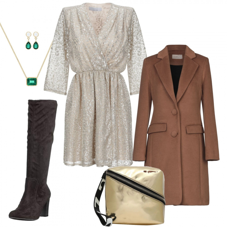 Outfit donna - Stivali e stile. Stile Trendy per Tutti i giorni. look ideale per Tall. Abbinamento con vestito corto, cappotto collo con revers a maniche lunghe interno foderato tinta unita, borse a mano, stivaletti elasticizzato nero.