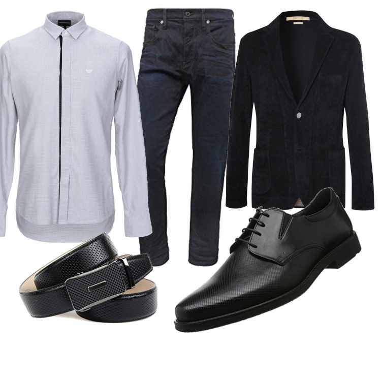 Outfit uomo - Buona domenica. Stile Business/Elegante per Serata speciale. Abbinamento con giacca, camicia a quadri collo classico a maniche lunghe in cotone con bottoni, jeans, scarpe stringate, cintura.