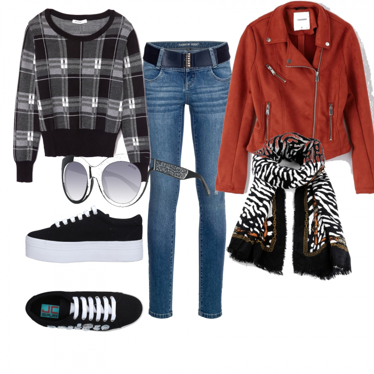 Outfit donna - A scuola. Stile Chic per Tutti i giorni. Abbinamento con sneakers, maglione fantasia bianco, cappotti, jeans skinny, occhiali da sole, sciarpina fantasia.