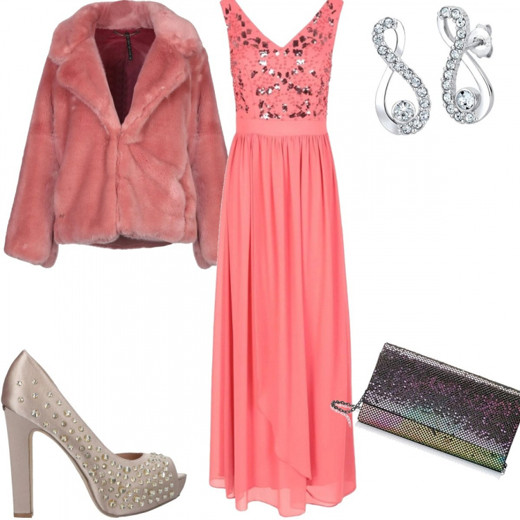 Outfit donna - A Parigi. Stile Chic per Serata fuori. Abbinamento con vestiti lunghi, ecopellicce, décolleté, orecchini, clutch.