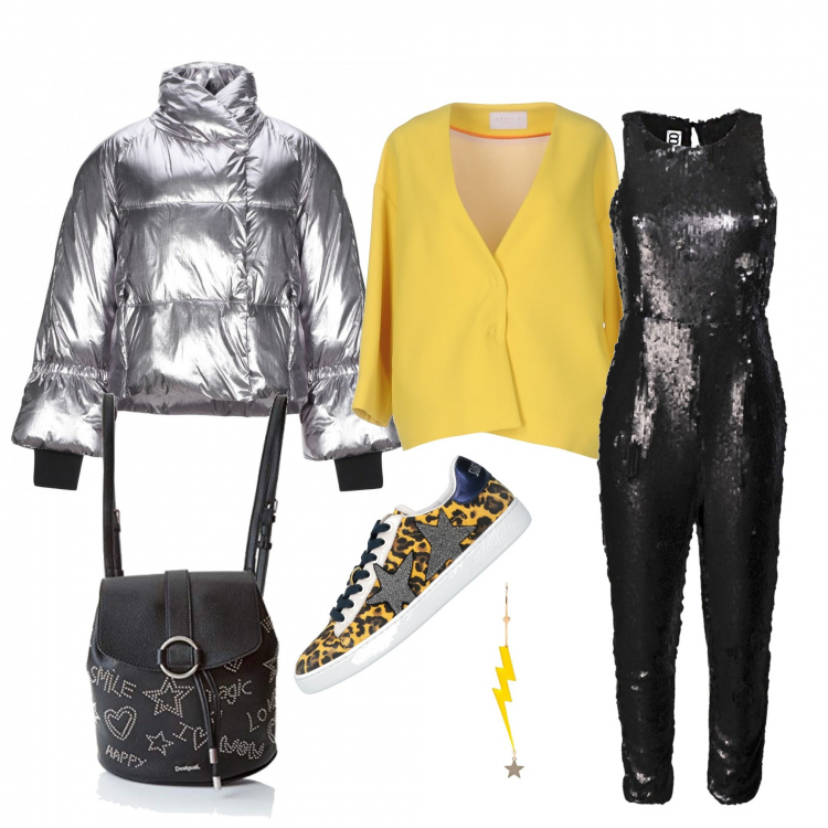 Outfit donna - My glam Paris. Stile Trendy per Tutti i giorni. Abbinamento con tute, giacca collo a v a maniche lunghe interno foderato crêpe, sneakers, piumini, orecchini, zaini.