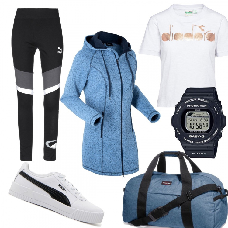Outfit donna - Allenamento post-feste. Stile Basic per Sport. Abbinamento con blazer, leggings jersey, borsa da viaggio blu, t-shirt in cotone bianco, orologi digitali, sneakers.