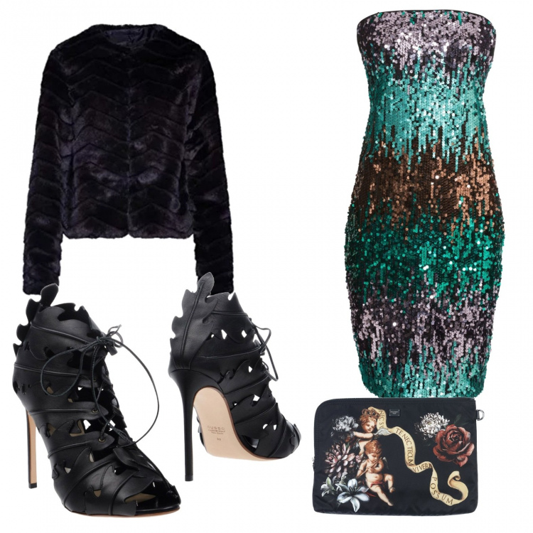 Outfit donna - Sexy #4856. Stile Sexy per Serata fuori. Abbinamento con vestiti, stivaletti open toe tinta unita, pochette fantasia floreale con zip interno foderato in tessuto tecnico, ecopelliccia.
