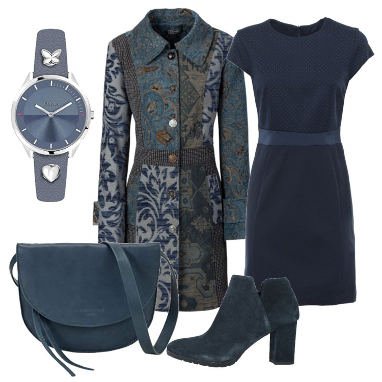Outfit donna - Cappotto multifantasia. Stile Trendy per Serata fuori. Abbinamento con cappotti, stivaletti, vestiti, clutch, orologi analogici.