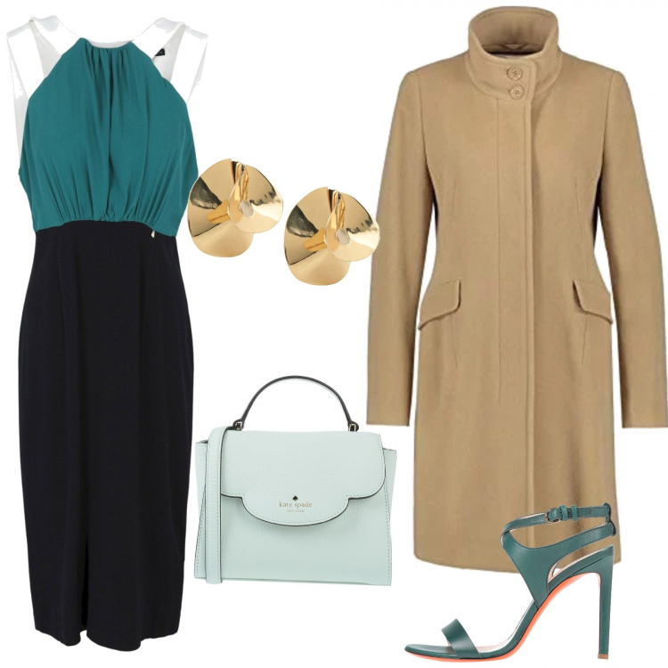 Outfit mujer - Fiestas o ceremonias. Estilo Sexy para Ceremonia. Combinación con cappotto, vestito effetto acetato multicolore, pendientes, stiletti, borsa a tracolla in pelle.
