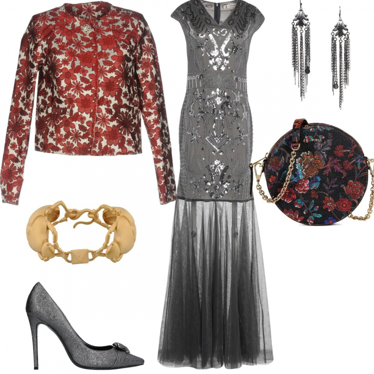 Outfit donna - Serata Glamour a Parigi. Stile Chic per Serata fuori. Abbinamento con vestito lungo, giacca, bracciale fantasia tinta unita, orecchini, décolleté, borsa a tracolla mini fantasia floreale con zip interno foderato in pelle con tasca interna.
