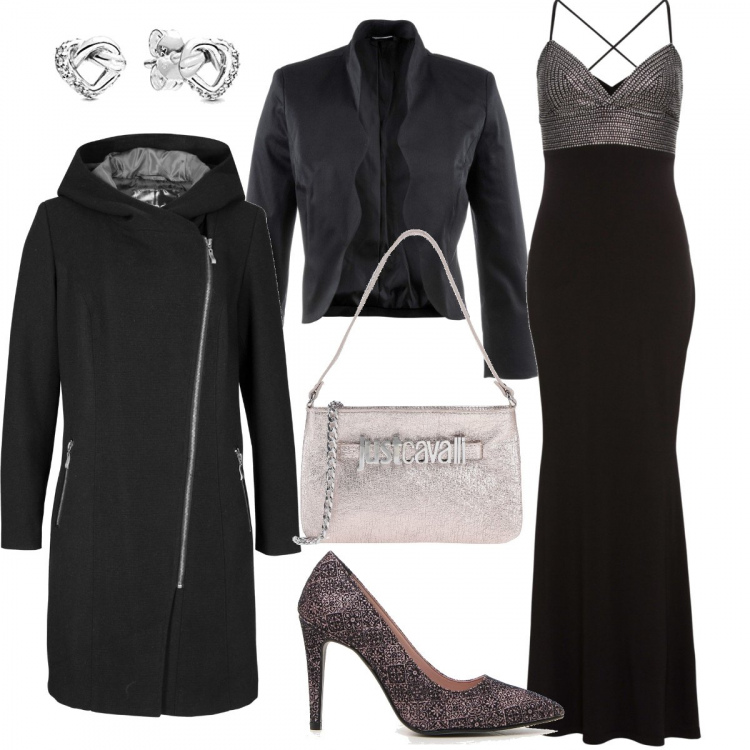 Outfit donna - Serata di gala. Stile Trendy per Serata fuori. Abbinamento con blazer, vestiti lunghi, blazer, borse a mano, jeans, orecchini.