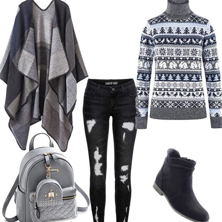 Outfit donna - #Mi vesto bene con poco. Stile Urban per Tutti i giorni. Abbinamento con stivaletti, jeans strappati, borsa a tracolla mini, maglioni, poncio lavorato a maglia.
