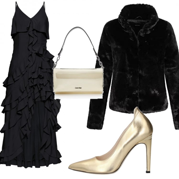 Outfit donna - Chic #22062. Stile Chic per Serata fuori. Abbinamento con zeppe, bluse, ecopelliccia, clutch.