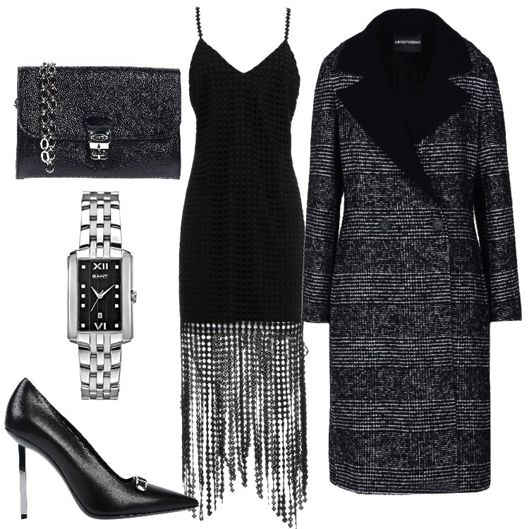 Outfit donna - Il vestito chic. Stile Chic per Cerimonia. Abbinamento con vestiti corti, cappotto, décolleté, borsa a tracolla, orologio analogico con cinturino.
