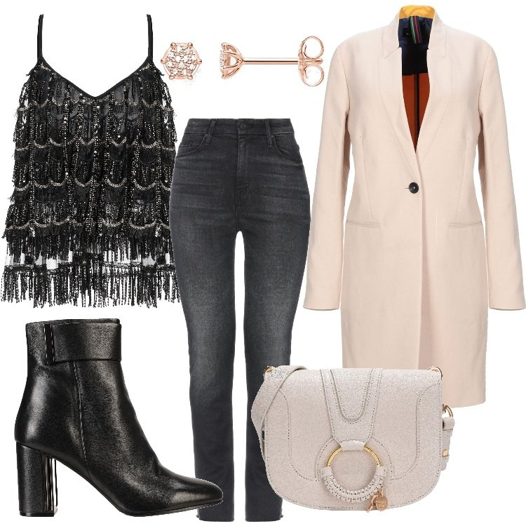 Outfit donna - Il top glitterato. Stile Chic per Serata fuori. Abbinamento con stivaletti con tacco squadrato e zip interno in pelle con punta tonda tinta unita, cappotti, top, borse a tracolla, jeans delavé vita alta con zip tinta unita, orecchini.
