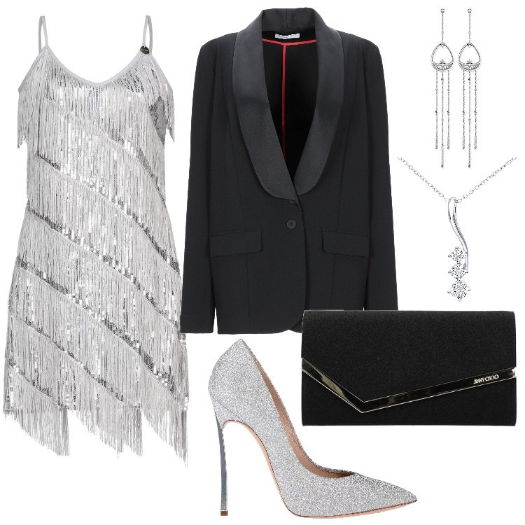 Outfit donna - Glitter & Paillettes. Stile Chic per Cerimonia. Abbinamento con vestito corto, décolleté, giacca con spacco posteriore a maniche lunghe interno sfoderato crêpe, pochette glitter con logo frontale nero, orecchini, collana.