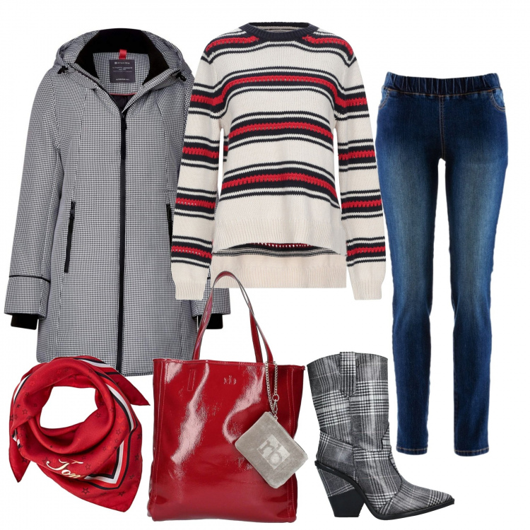 Outfit donna - Vado all\'università.... Stile Urban per Scuola/Università. Abbinamento con treggings, pullover a righe lavorato a maglia, stivaletti, borsa a tracolla rosso, giacca, foulard.