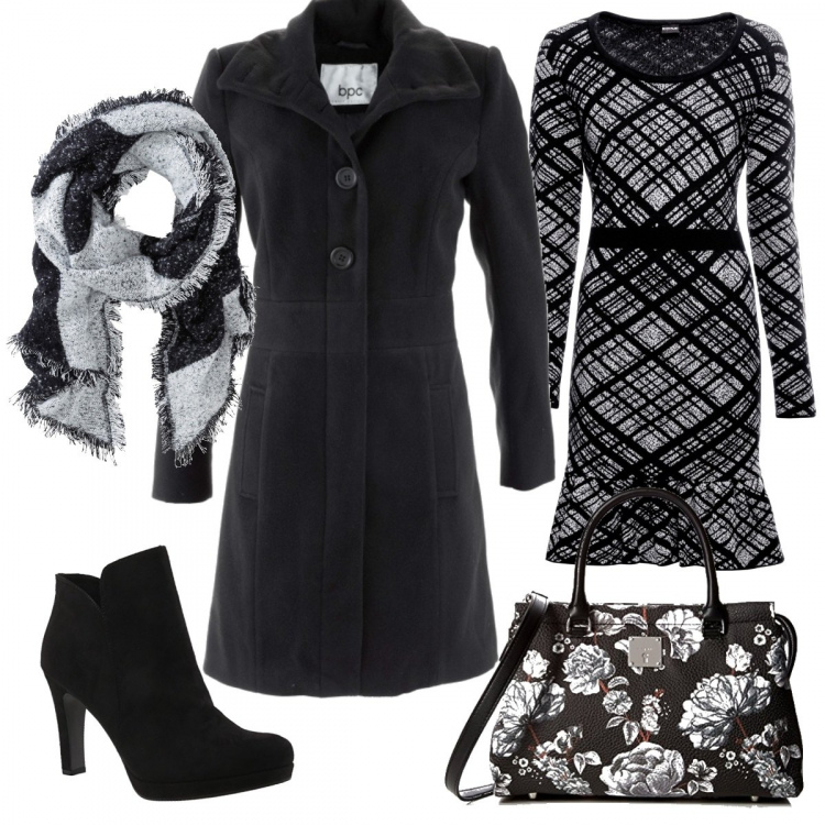 Outfit donna - Pranzo di Natale. Stile Bon Ton per Tutti i giorni. Abbinamento con sciarpe, vestito corto, cappotti, borsa a mano nero, stivaletti.