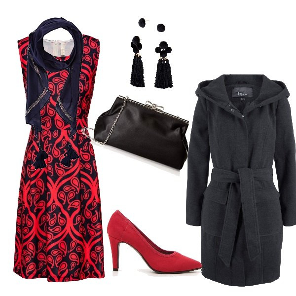 Outfit donna - Natale in famiglia. Stile Bon Ton per Cerimonia. Abbinamento con vestito fantasia blu, giacca, orecchini, scialli, pochette, décolleté.
