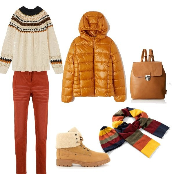 Outfit donna - Neve in città. Stile Trendy per Tutti i giorni. Abbinamento con sciarpe, pantaloni, maglione jacquard bianco, piumino con cappuccio e zip giallo, stivaletti, zaini.