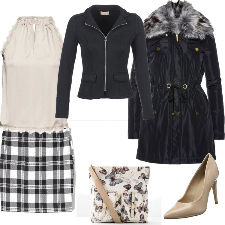 Outfit donna - Bon ton con farfalle. Stile Bon Ton per Ufficio. Abbinamento con borse a tracolla, top con spacco e scollo con pizzo grigio, parka, minigonna fantasia bianco, giacca, scarpe col tacco beige.