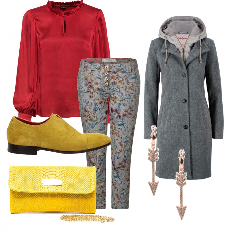 Outfit donna - Urban #12880. Stile Urban per Ufficio. Abbinamento con cappotti, bluse, orecchini, scarpe stringate, pantalone lungo, pochette.