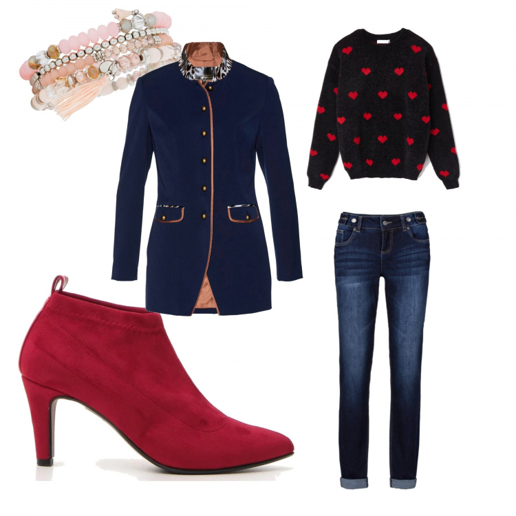 Outfit donna - Rock #4283. Stile Rock per Serata fuori. Abbinamento con jeans boyfriend, reggiseni, braccialetti, maglia nero, stivaletti.