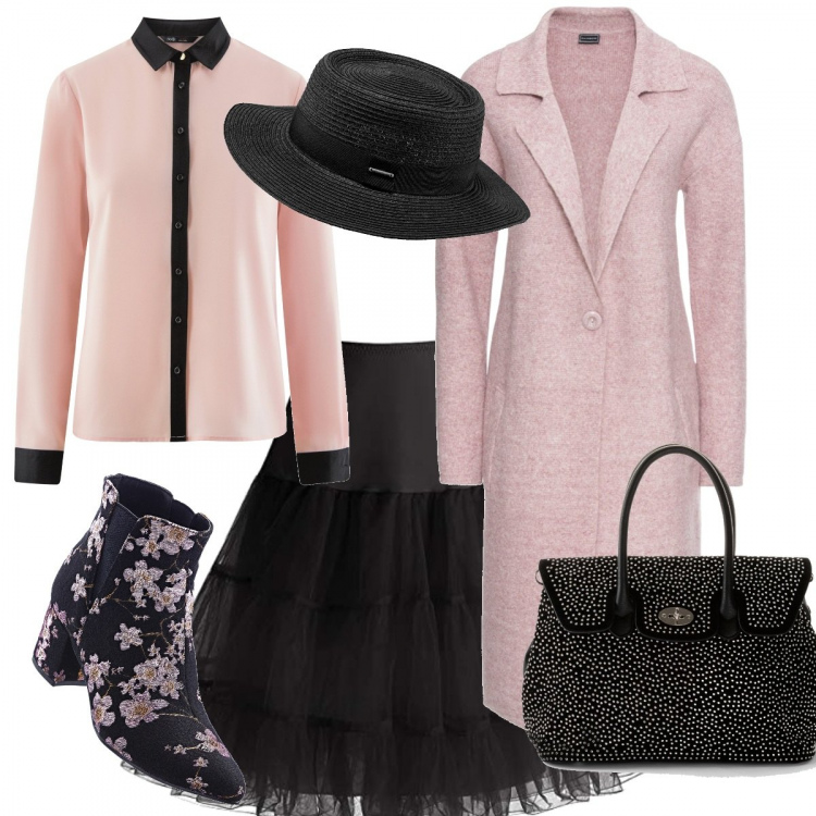 Outfit donna - Bon Ton #74. Stile Bon Ton per Serata fuori. look ideale per Tall. Abbinamento con cappotti, stivaletti, borsa a mano con borchie interno foderato in pelle sintetica con tracolla regolabile nero, cappello nero, gonne, camicie.