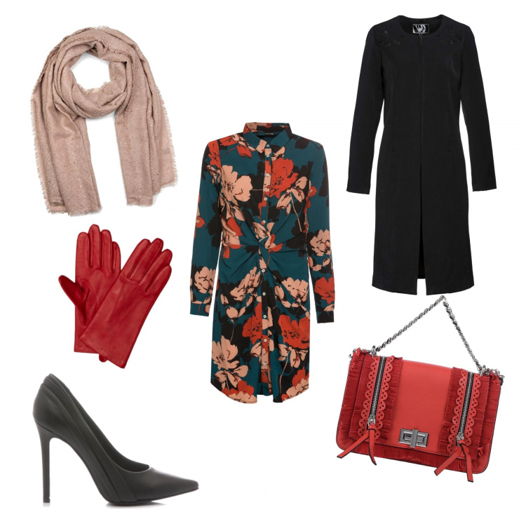 Outfit donna - Basic #23695. Stile Basic per Scuola/Università. Abbinamento con borsa a tracolla, vestiti, cappotto con perline nero, scarpa, sciarpa, guanti rosso.