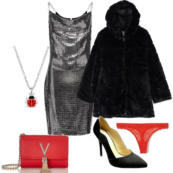 Outfit donna - Un Capodanno scintillante. Stile Sexy per Serata fuori. Abbinamento con body, ecopelliccia lunga con cappuccio e zip tinta unita nero, perizomi, pochette, ciondoli, scarpe.