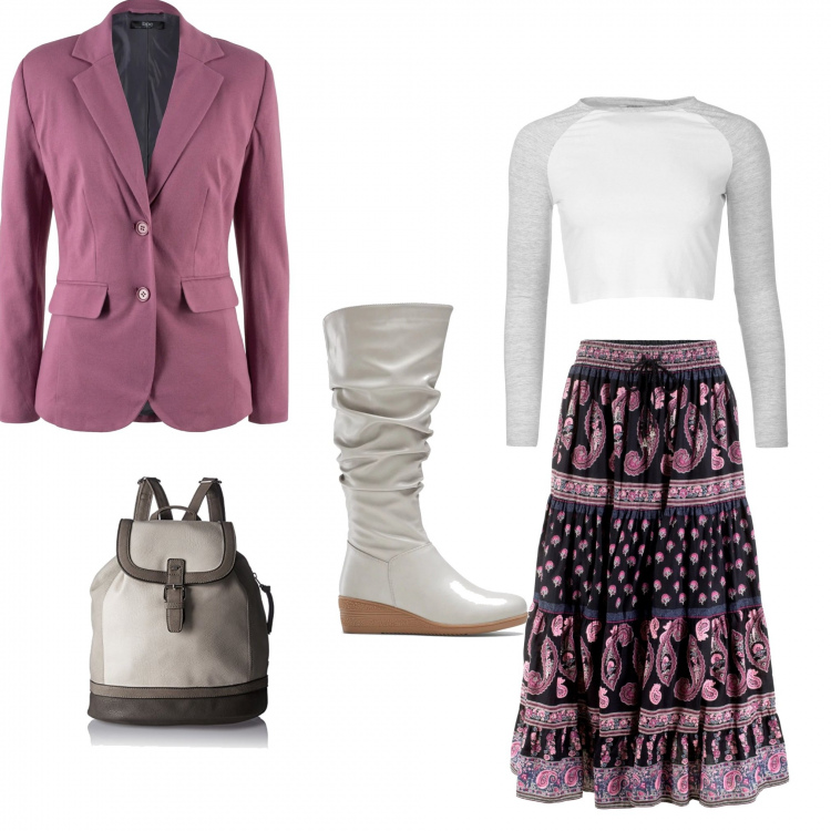 Outfit donna - In giro per la città. Stile Etnico per Tutti i giorni. Abbinamento con gonne lunghe, vestiti, zeppe, borse a tracolla, borsa zainetto con zip in pelle grigio, top.