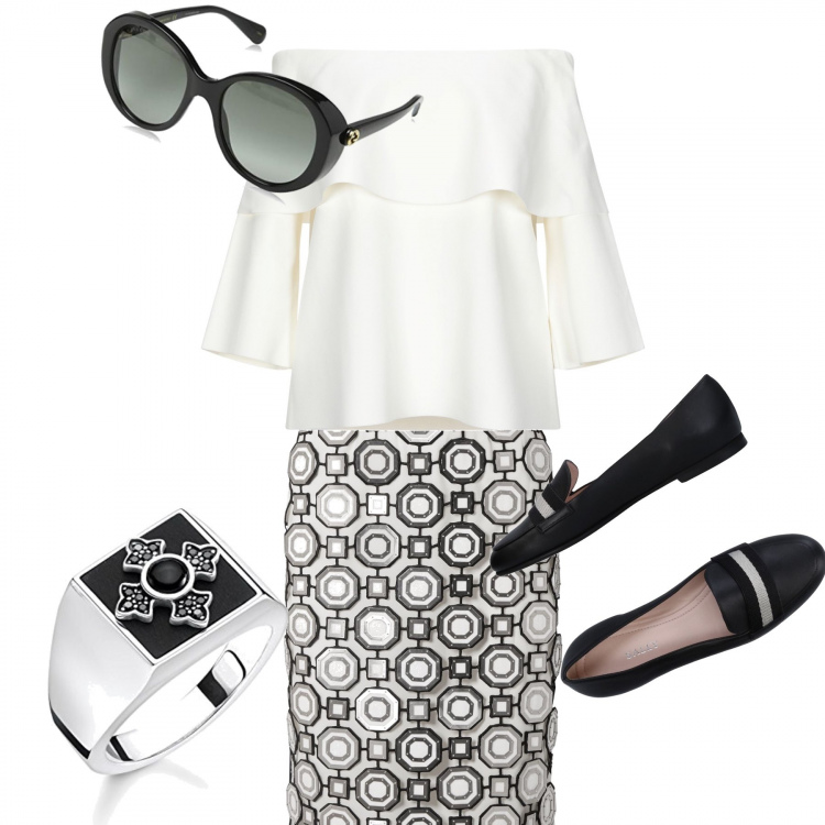 Outfit donna - Eleganza. Stile Chic per Serata fuori. Abbinamento con mocassini, pullovers, gonne longuette, occhiali da sole nero, anelli.