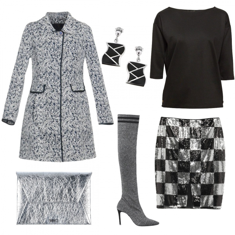 Outfit donna - Stivali top. Stile Trendy per Serata fuori. Abbinamento con stivali lavorato a maglia con tacco spillo interno foderato a punta tinta unita, cappotto, gonna longuette, pochette, t-shirt, orecchini.