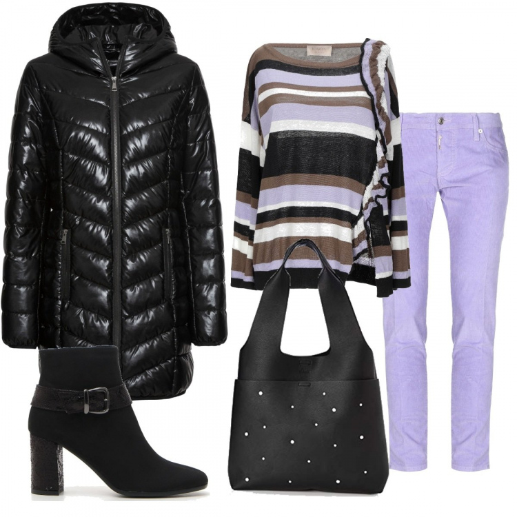 Outfit donna - Blusa a righe con volants. Stile Basic per Ufficio. Abbinamento con pullover, pantalone gamba cono a coste con zip in velluto tinta unita, giacche, stivaletti, shopping bag.