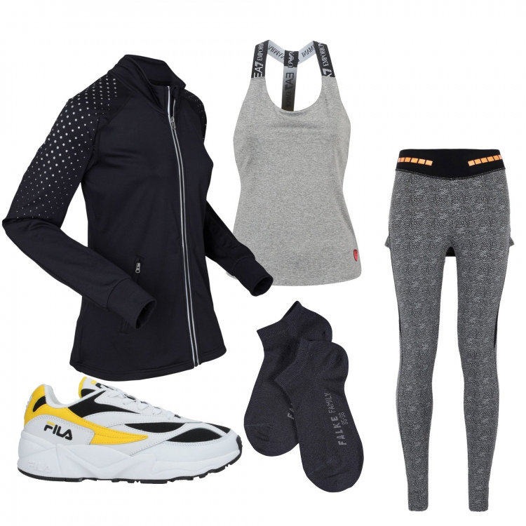 Outfit donna - Fit dopo le feste. Stile Basic per Sport. Abbinamento con giacche sportive, leggings, sneakers tennis, top, calzino.