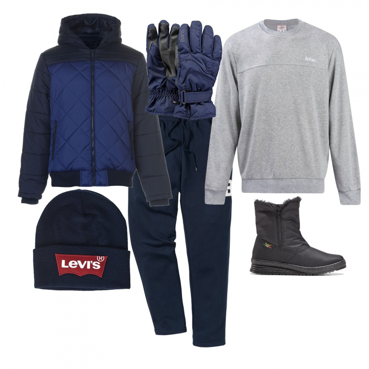 Outfit uomo - Relax Settimana Bianca. Stile Trendy per Sport. Abbinamento con stivali e stivaletti, pantalone jogging blu, giubbotto, berretti, felpa stile militare girocollo in denim grigio, guanti.