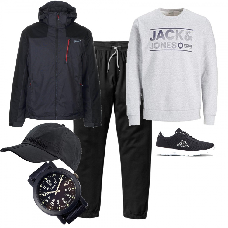Outfit uomo - Scarpe da ginnastica Kappa. Stile Trendy per Sport. Abbinamento con pantaloni sportivi, shorts, giubbotto, orologio con cinturino blu, maglione, cappelli e berretti unisex-adulto nero.