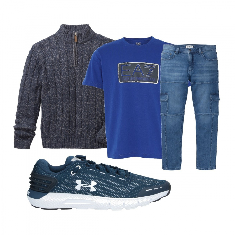 Outfit uomo - Maglietta Armani. Stile Casual per Tutti i giorni. Abbinamento con maglieria, jeans slim fit, sneakers, t-shirt.