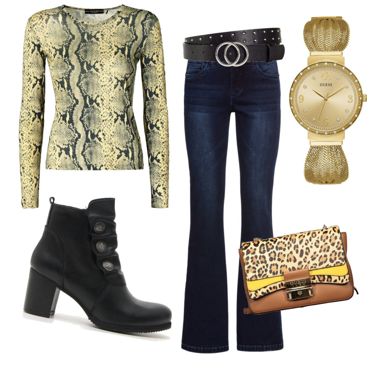 Outfit donna - Il mio 2019!!. Stile Trendy per Tutti i giorni. Abbinamento con jeans bootcut, cinture, orologi, stivaletti, top, borsa marrone.
