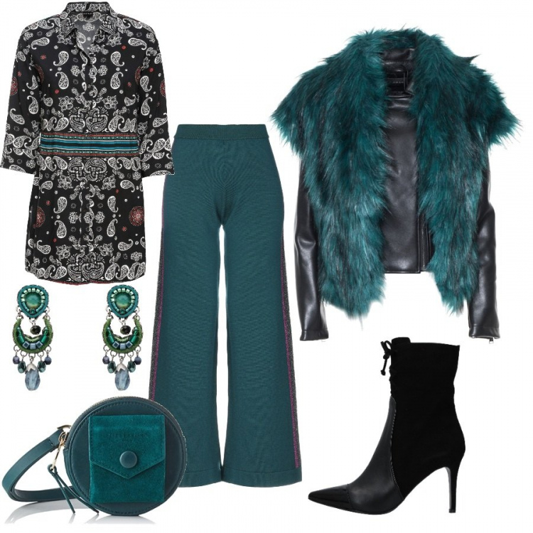 Outfit donna - Orientale e sofisticata. Stile Etnico per Tutti i giorni. Abbinamento con camicie, pantaloni, stivaletti, orecchini con farfallina in ottone, borsa a tracolla.