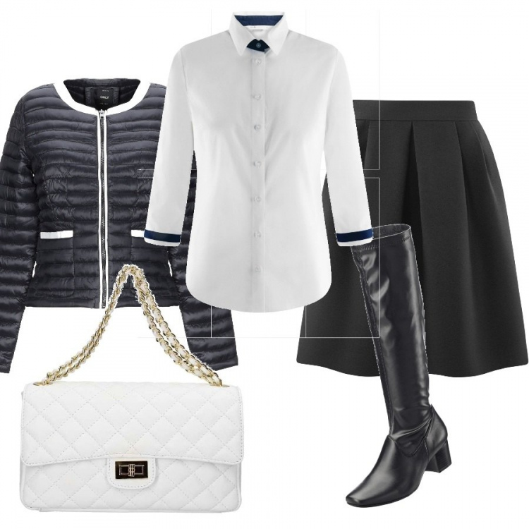Outfit donna - Trendy #37589. Stile Trendy per Tutti i giorni. Abbinamento con stivali, piumino collo tondo a maniche lunghe con zip interno imbottito in tessuto tecnico tinta unita, borse a mano, gonne longuette, camicia.