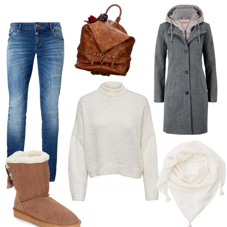 Outfit donna - Basic #23848. Stile Basic Abbinamento con cappotti, stivaletti, shopping bag, felpe, jeans, sciarpa bianco.