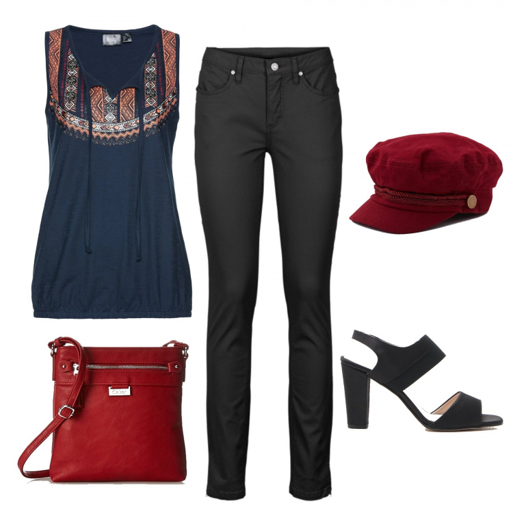 Outfit donna - Con il rosso incontro al mondo. Stile Urban per Tutti i giorni. Abbinamento con jeans, top, cappello tinta unita bordeaux, borse a tracolla, sandali.