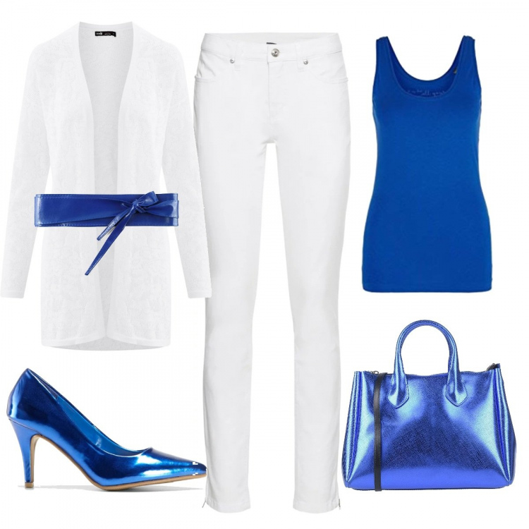 Outfit donna - Bianco e blu tutto il giorno. Stile Basic per Tutti i giorni. Abbinamento con jeans skinny, décolleté pumps effetto metallizzato con tacco spillo blu, borsa a mano taglia media con zip in pelle sintetica tinta unita, cardigan traforato collo aperto aderente bianco, cintura con fusciacca in pelle sintetica taglia unica blu, vestaglia.